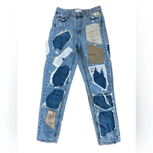 Zara Distressed Destroyed Mixed Patchwork Festival Customized Premium Jeans Sz 2 - Picture 1 of 13